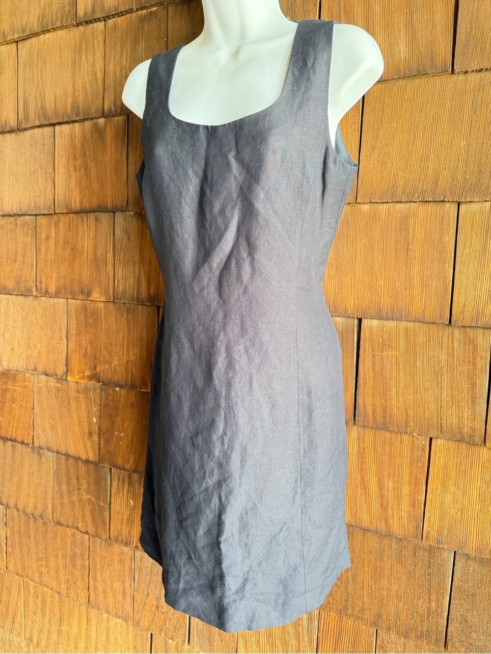 Vintage Ann Taylor Classic Square Neck Sleeveless Navy Linen Shift Dress - Picture 5 of 9
